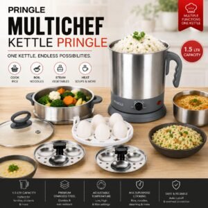 Pringle 1.5L MultiChef Multi Kettle 3-in-1 Multipurpose Cooker | Egg Boiler, Steamer & Idli Maker | SS Stand | 600W | 360° Rotating Base | 1 Yr Onsite Warranty | Silver