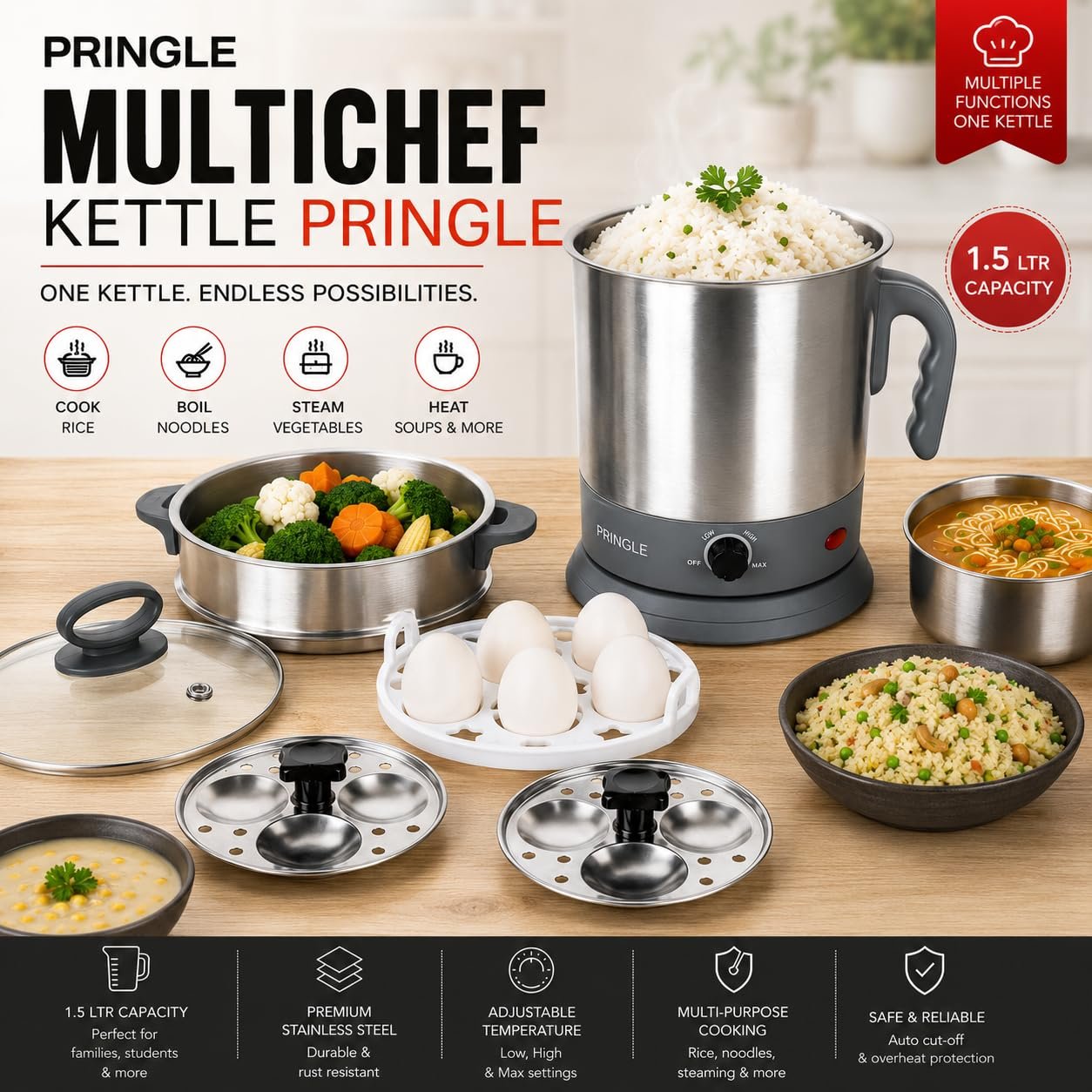 Pringle 1.5L MultiChef Multi Kettle 3-in-1 Multipurpose Cooker | Egg Boiler, Steamer & Idli Maker | SS Stand | 600W | 360° Rotating Base | 1 Yr Onsite Warranty | Silver