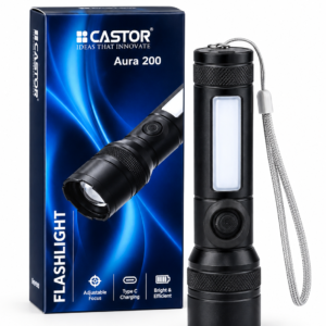 IBELL Castor AURA200 Rechargeable Torch Light High Power, 6 Light Modes, Telescopic Zoom, Type C Charging, LED Flashlight, Super Bright & Long Distance Range, for Home, Outdoor & Emergency Use (Black)