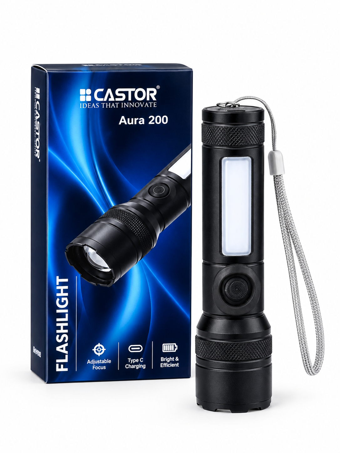 IBELL Castor AURA200 Rechargeable Torch Light High Power, 6 Light Modes, Telescopic Zoom, Type C Charging, LED Flashlight, Super Bright & Long Distance Range, for Home, Outdoor & Emergency Use (Black)